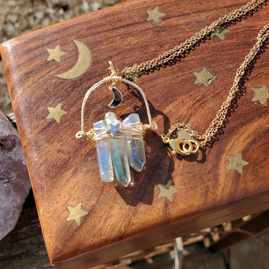 AB Luster Quartz Moon Necklace – Iridescent Radiance & Cosmic Contrast