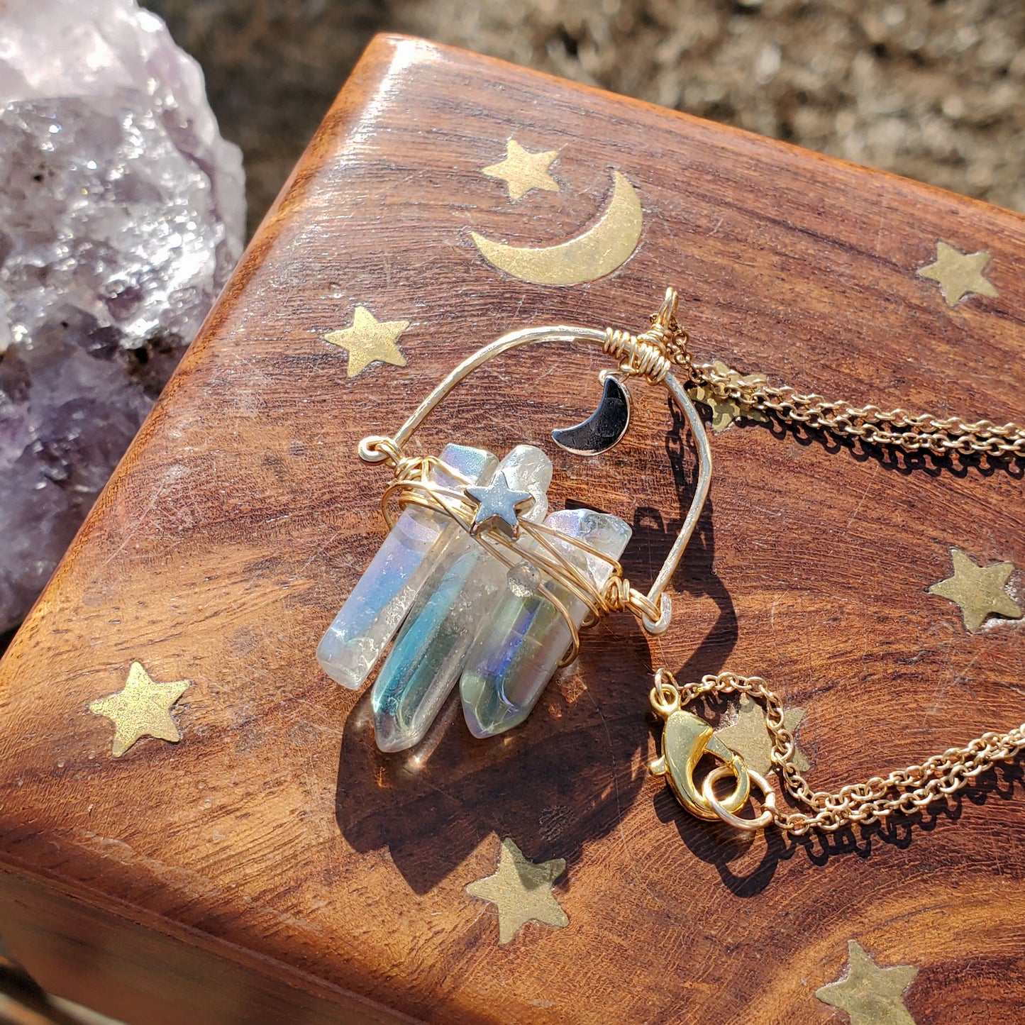 AB Luster Quartz Moon Necklace – Iridescent Radiance & Cosmic Contrast