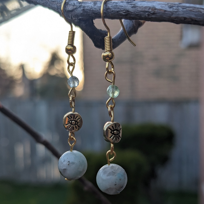 Kiwi Jasper & Green Fluorite Evil Eye Drop Earrings