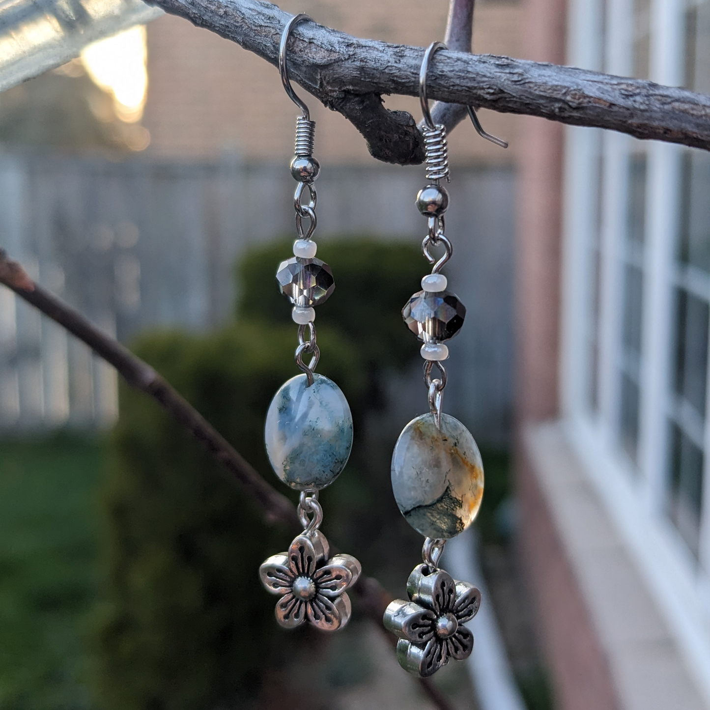 Moss Agate Floral Drop Earrings