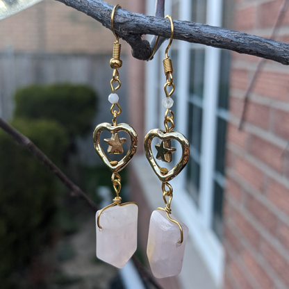 Rose Quartz Stellar Heart Drops Earrings