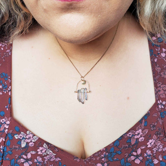 AB Luster Quartz Fan Necklace – Iridescent Power & Lunar Glam