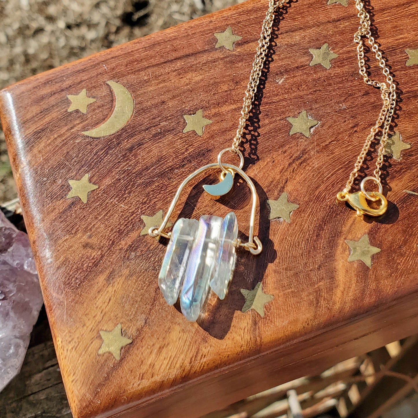 AB Luster Quartz with Gold Plated Crescent Moon