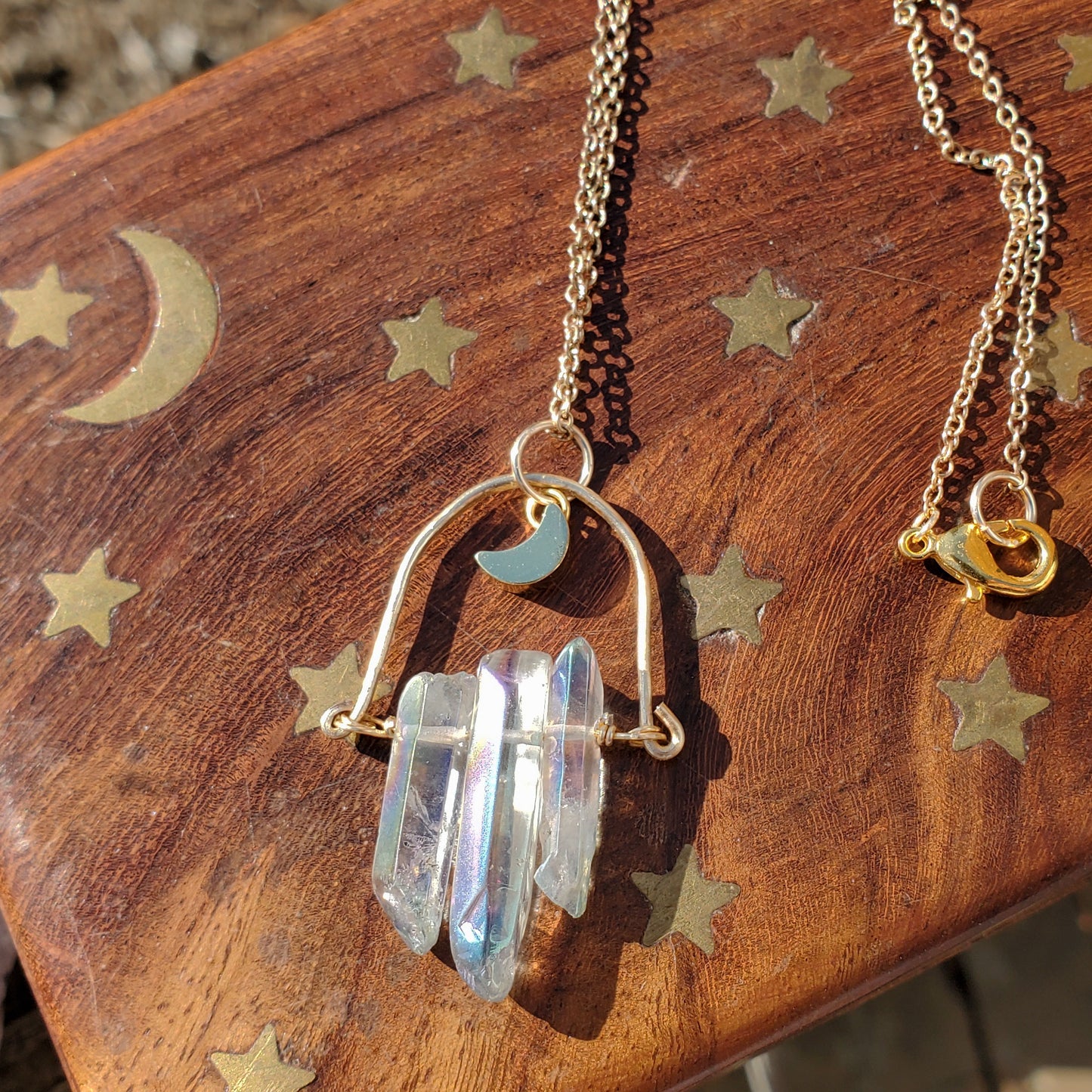 AB Luster Quartz with Gold Plated Crescent Moon