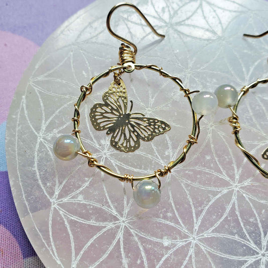 Agate Butterfly Circle Earrings – Grounding, Growth & Golden Energy