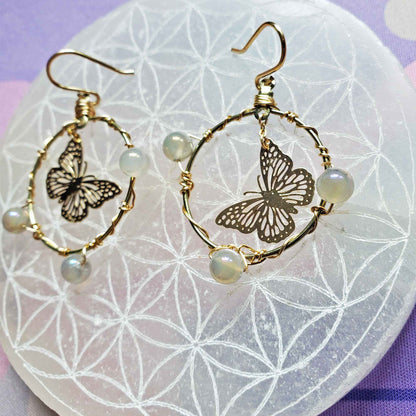 Agate Butterfly Circle Earrings – Grounding, Growth & Golden Energy