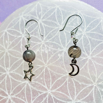 Black Agate Cosmic Drop Earrings – Protection, Shadow Work & Celestial Truth