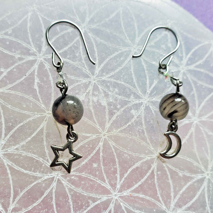 Black Agate Cosmic Drop Earrings – Protection, Shadow Work & Celestial Truth