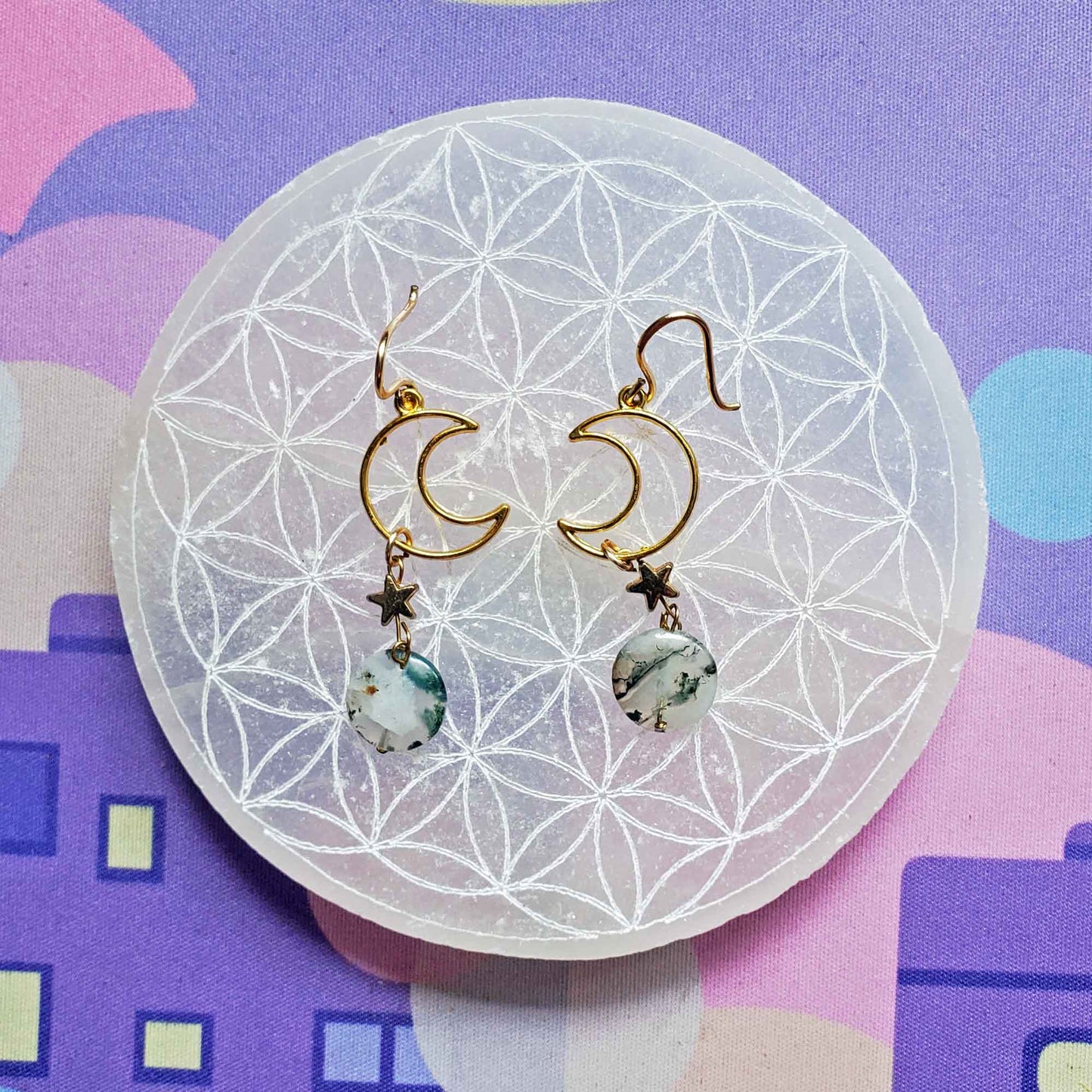 Moss Agate Moon Earrings – Earth Wisdom & Celestial Flow