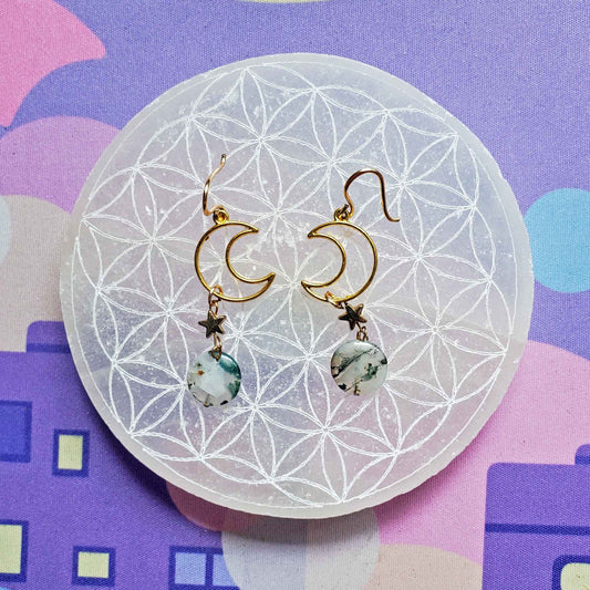 Moss Agate Moon Earrings – Earth Wisdom & Celestial Flow