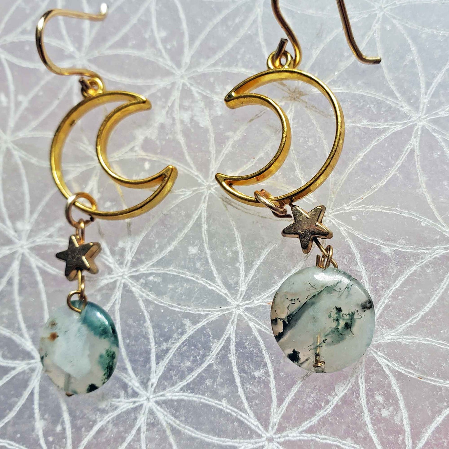 Moss Agate Moon Earrings – Earth Wisdom & Celestial Flow