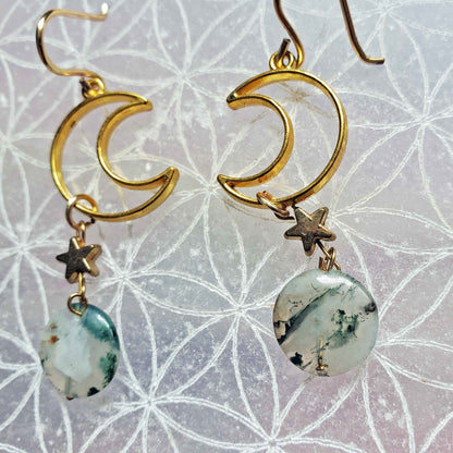 Moss Agate Moon Earrings – Earth Wisdom & Celestial Flow