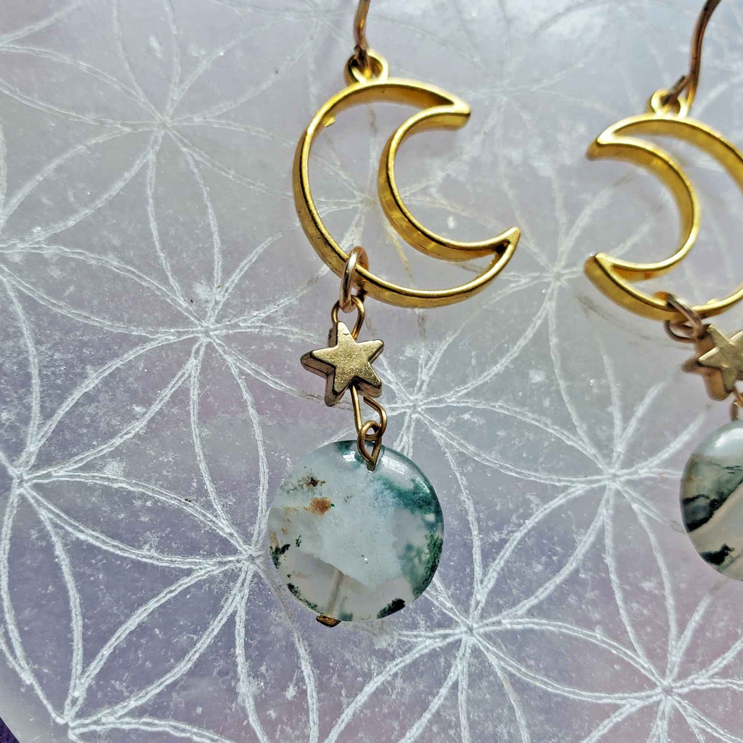 Moss Agate Moon Earrings – Earth Wisdom & Celestial Flow