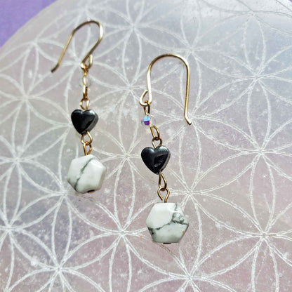 Hematite Heart & Howlite Earrings – Calm Strength & Energetic Clarity