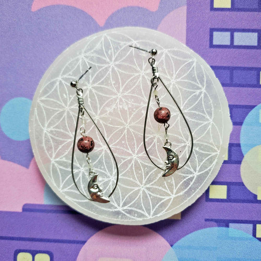 Rhodonite & Labradorite Crescent Earrings – Emotional Healing & Inner Vision