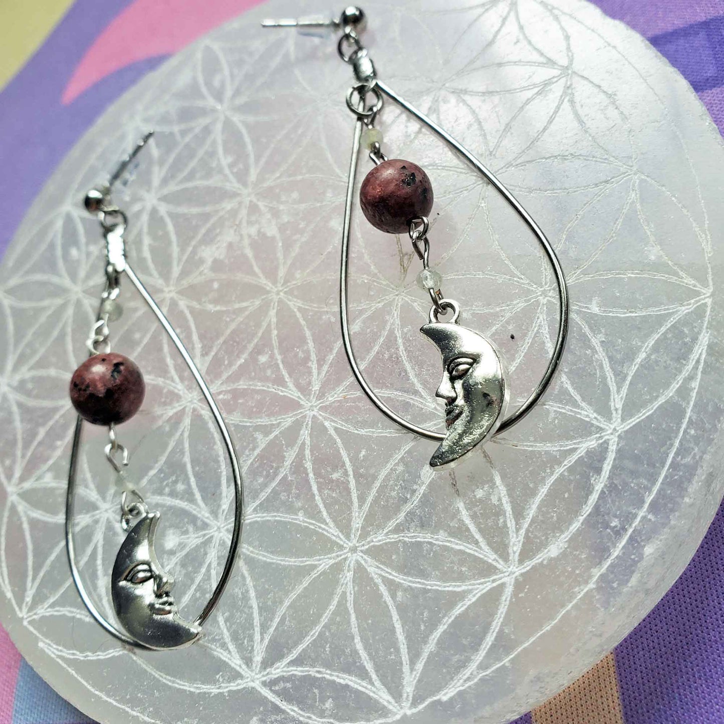 Rhodonite & Labradorite Crescent Earrings – Emotional Healing & Inner Vision