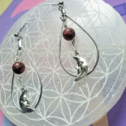 Rhodonite & Labradorite Crescent Earrings – Emotional Healing & Inner Vision