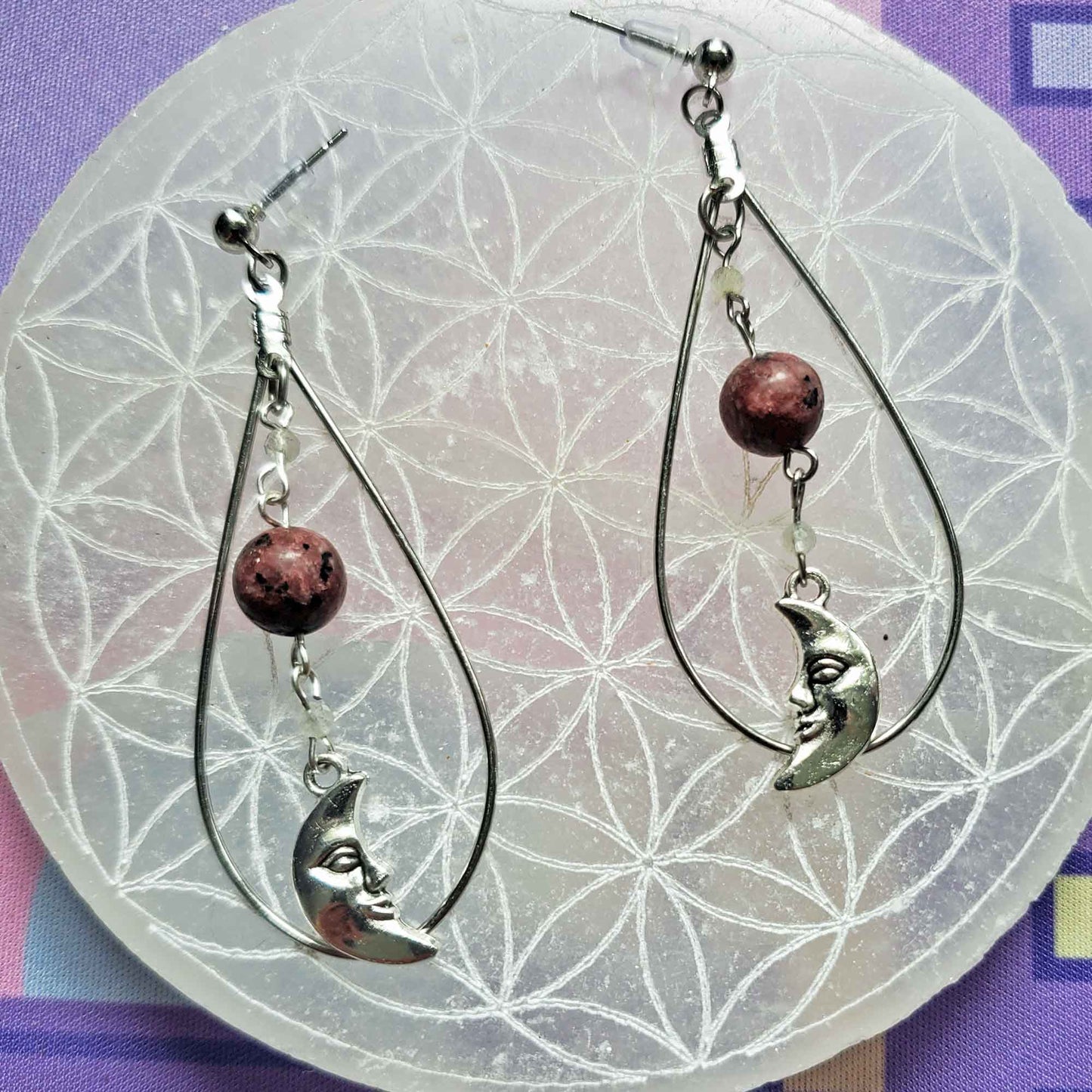 Rhodonite & Labradorite Crescent Earrings – Emotional Healing & Inner Vision