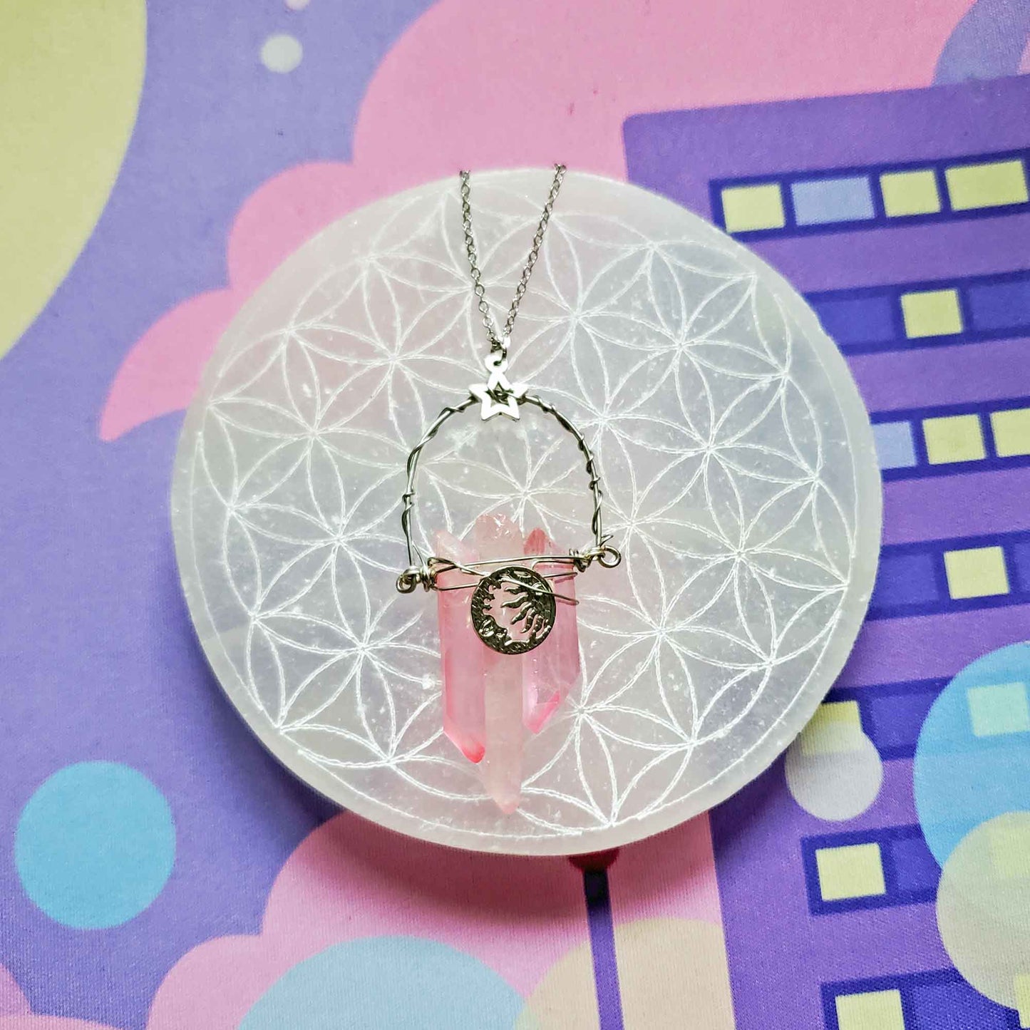 Rose Aura Quartz Moon & Sun Necklace – Heart Light & Celestial Harmony