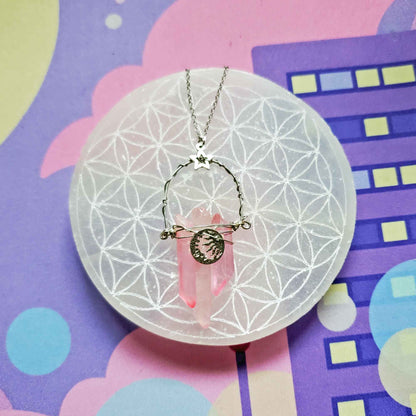 Rose Aura Quartz Moon & Sun Necklace – Heart Light & Celestial Harmony