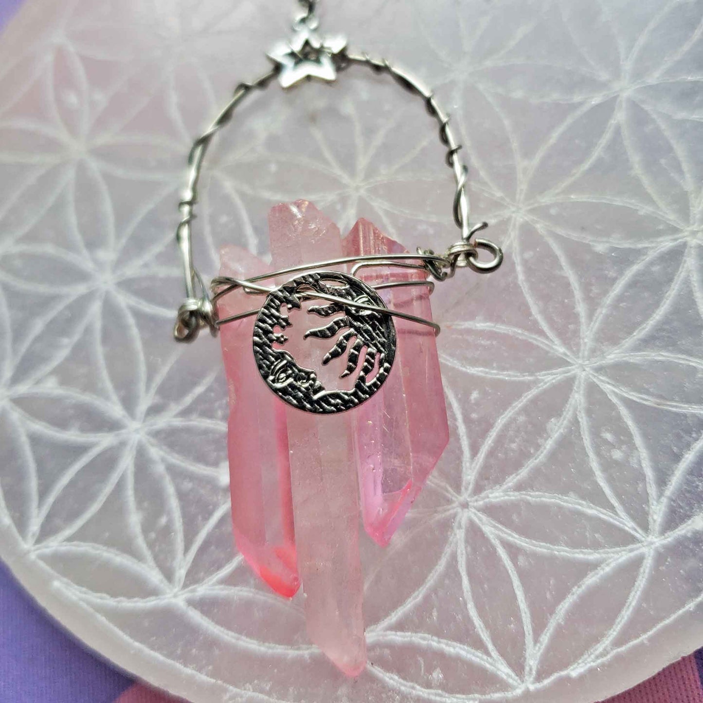 Rose Aura Quartz Moon & Sun Necklace – Heart Light & Celestial Harmony