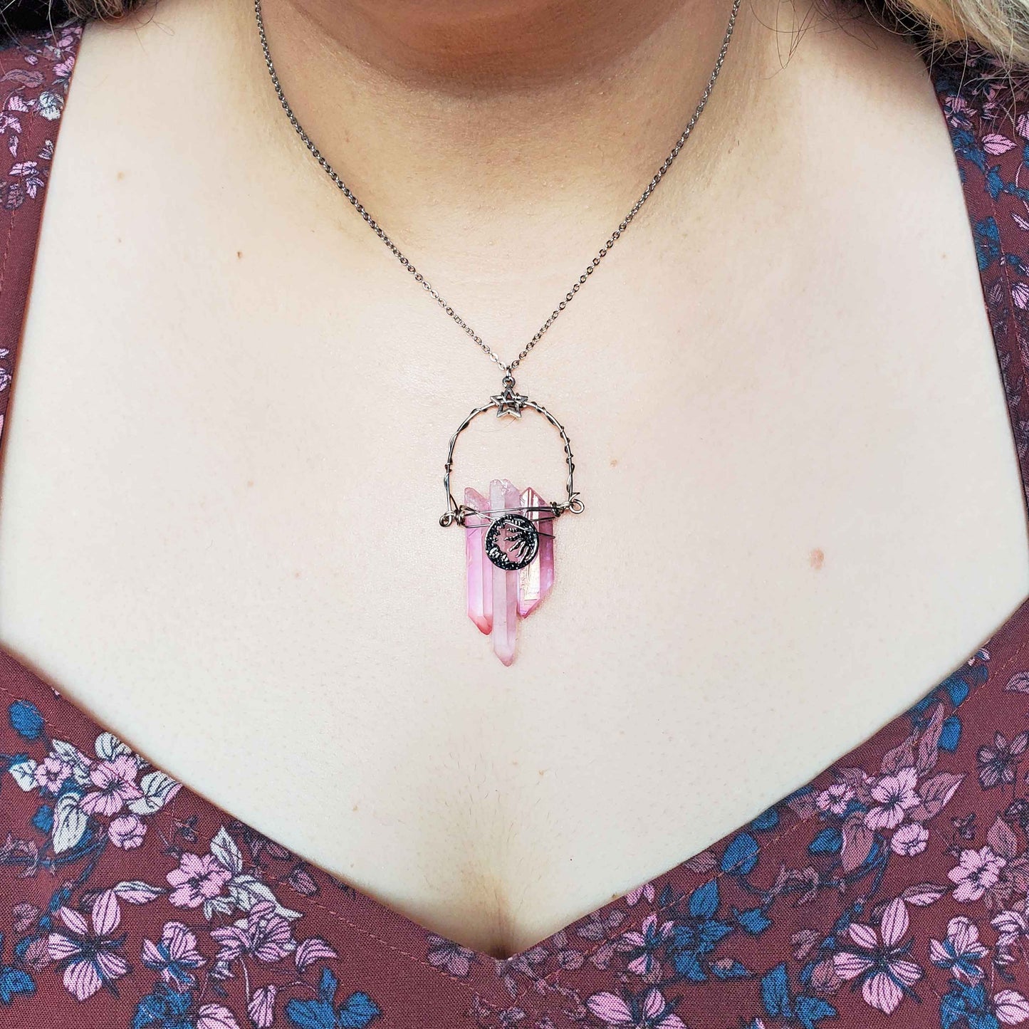 Rose Aura Quartz Moon & Sun Necklace – Heart Light & Celestial Harmony