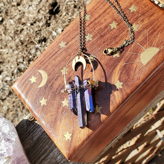 Sapphire Luster Quartz with brass crescent moon and Labradorite