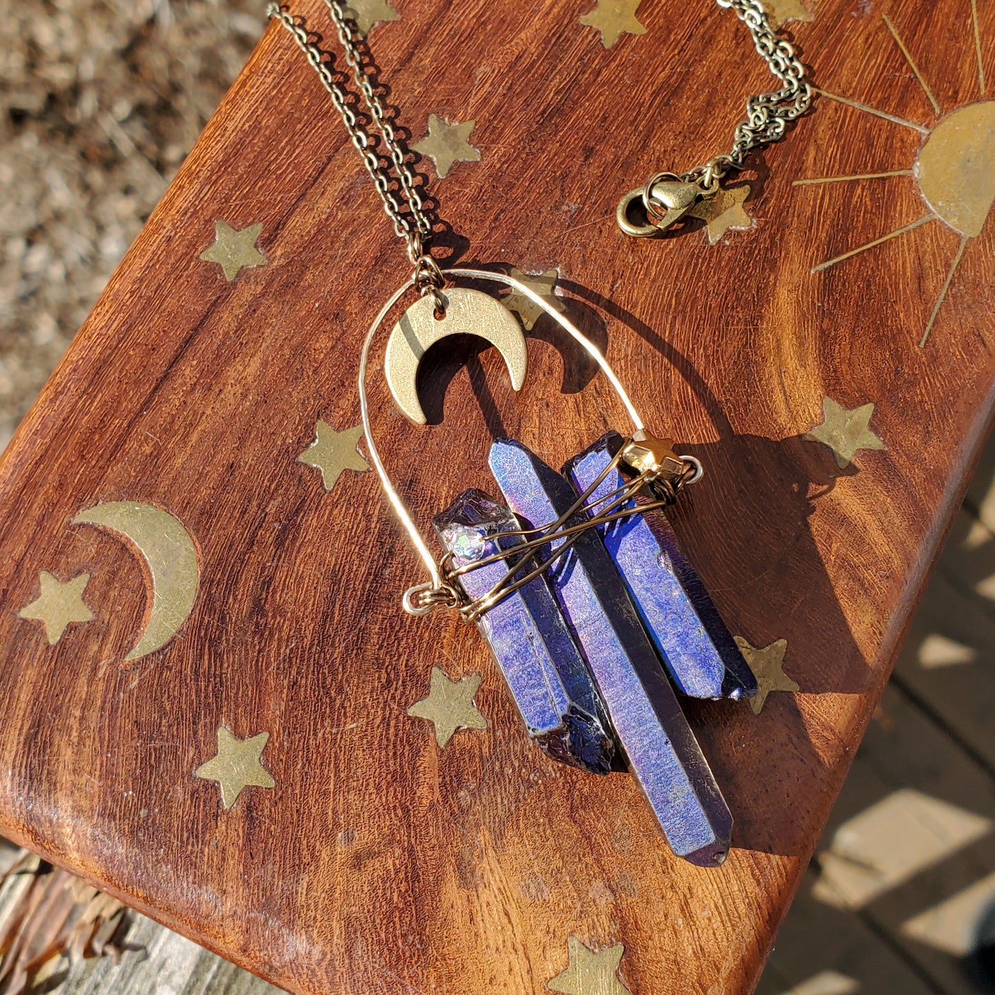 Sapphire Luster Quartz with brass crescent moon and Labradorite