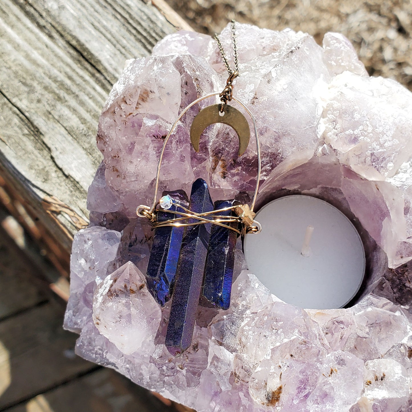 Sapphire Luster Quartz with brass crescent moon and Labradorite