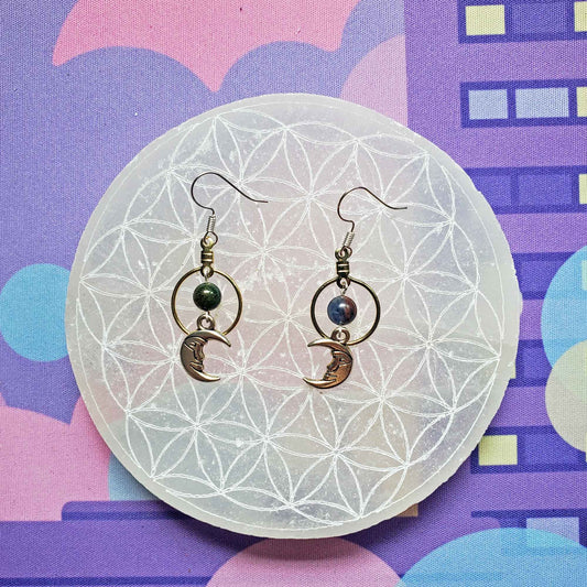Sodalite & Fancy Jasper Moon Earrings – Truth, Grounding & Sacred Balance