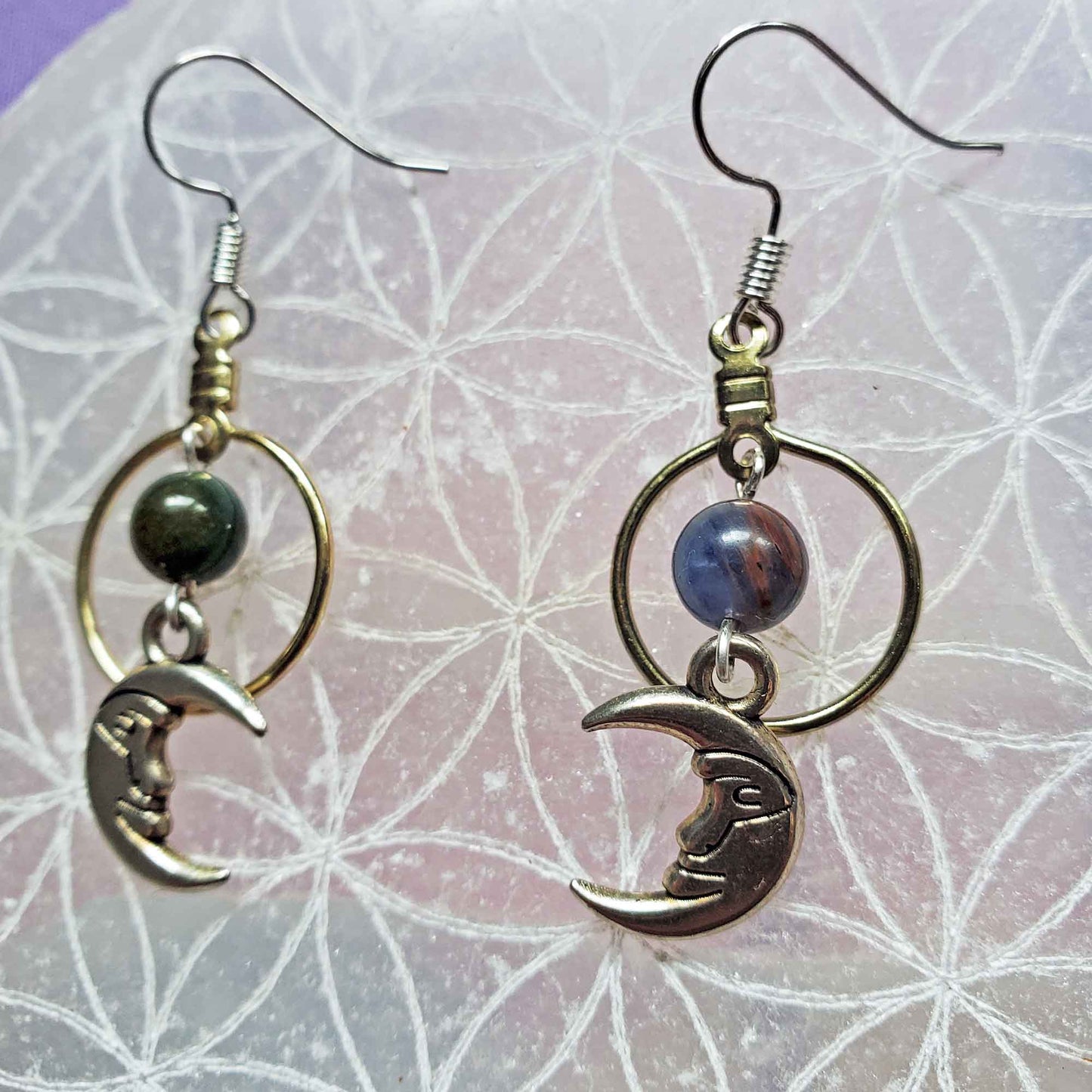 Sodalite & Fancy Jasper Moon Earrings – Truth, Grounding & Sacred Balance